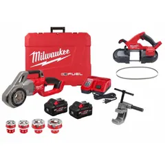 This combination kit includes an M18 FUEL Pipe Threader and an M18 FUEL Portable Band Saw, both operating at 18 V DC. The pipe threader is designed for on-site threading of pipes, while the band saw handles metal cutting tasks. The kit is supplied in a carrying case for transport and storage.