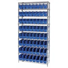 One-sided stationary bin shelving unit with a silver steel frame and 64 blue polypropylene open-front shelf bins. Each bin measures 6 in x 4-1/8 in x 11-5/8 in. Suitable for organizing small parts and components in industrial storage areas.