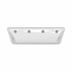 This linear vandal-resistant LED light features a polycarbonate housing with a NEMA 4 enclosure rating, suitable for indoor or covered outdoor areas requiring impact and moisture resistance. It delivers 3800 lumens at 5000K color temperature, operates on 120/277V AC, and measures 2 ft long by 11 5/8 in wide. No emergency battery backup is included.
