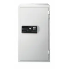 Free-standing security safe with 5.78 cu ft capacity, constructed of steel. Features a digital combination lock and 5 live locking bolts. Fire rated for flame/fire resistance. Suitable for protecting documents and valuables in home or office environments.