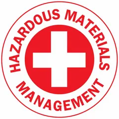 Non-reflective circle label for hard hats, 2 in diameter, printed in English. Pack of 4. Used to identify personnel involved in hazardous materials management in industrial environments.
