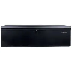 This steel tool box provides secure storage for tools and equipment in workshops, garages, and job sites. It features a hinged lid with a keyed locking mechanism to protect contents. The black finish offers corrosion resistance.