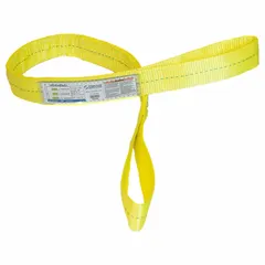 This STREN-FLEX web sling is a Type 3 flat-eye sling constructed from high-visibility polyester with two plies. It has a 4 ft sling length and 10 in eye length, featuring a wear-resistant tag for identification. Used for lifting and rigging heavy loads in industrial settings such as construction, manufacturing, and warehousing.