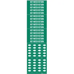 Green adhesive pipe markers with white 'Hot Water Return' legend, designed for pipes with outer diameter of 3/4 inch and smaller. Each pack contains 3 markers without arrows, suitable for identifying return lines in hot water piping systems.