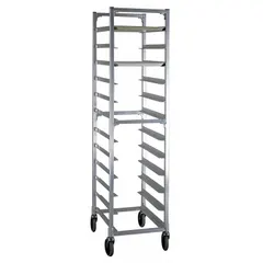 Full-size tray rack for 15 x 20 in trays, constructed of silver aluminum with 12 slots spaced 5 in apart. Measures 17 7/8 in wide by 69 in high, with a 500 lb capacity. NSF certified for use in commercial food service environments.
