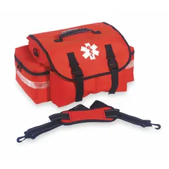 Orange polyester duffel bag with zipper closure and padded shoulder strap. Dimensions: 16 1/2 in L x 10 in W x 7 in D. Suitable for carrying and organizing medical supplies or equipment in healthcare or emergency response settings.