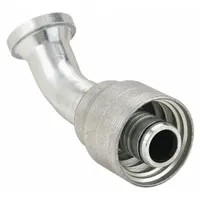 Steel 45° elbow crimp hydraulic hose fitting with flange x crimp connection for -24 hose dash size. Male x genderless fitting gender. Used in hydraulic systems requiring permanent crimp attachment to flanged ports