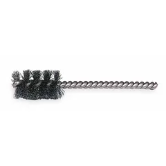 Carbon steel brush for cleaning blind holes, removing burrs, rust, and debris from internal surfaces. Features a single stem design with 1-1/8 in diameter, 0.008 in fill diameter, and 1/4 in stem diameter. Suitable for maintenance and finishing tasks in metalworking.