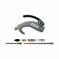 This air gun kit features an aluminum body with a 1/4 in female NPT connection and includes four straight, focused nozzles. Designed for blow-off, cleaning, and drying tasks in industrial settings, it provides precise air direction. The ergonomic grip enhances user comfort during extended use