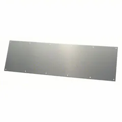 Standard door kick plate made of stainless steel, measuring 34 inches wide by 12 inches high. Provides surface protection for the lower portion of doors in commercial or industrial settings where foot traffic and equipment contact are common.