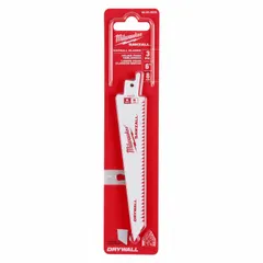 Steel reciprocating saw blade designed for cutting drywall and plaster. Features 8 teeth per inch, 6-inch length, and 0.06-inch thickness. Used in demolition, renovation, and finishing applications.