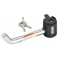 This receiver lock secures the trailer hitch receiver to prevent unintended removal. It includes two keys and is rated for Vehicle Class V applications, suitable for heavy-duty towing setups on trucks and large SUVs