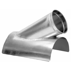 Galvanized steel in-cut branch fitting for 14 in duct diameter, with 2 in overall length and 30° angle. Used to connect a branch duct into a main duct line at a 30° angle, directing airflow in ventilation or dust collection systems.