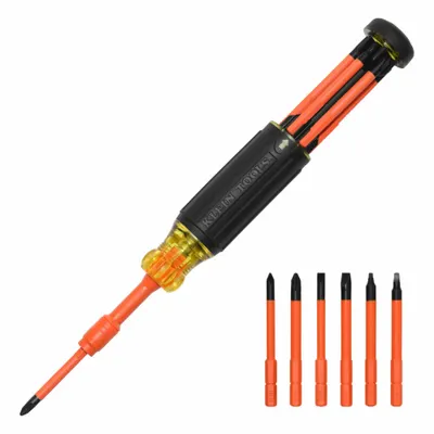 KLEIN TOOLS Screwdriver: Phillips/Slotted/Square Tip, 6 Tips, 9 in Overall Lg, Locking - Insulated Multi-Bit Screwdrivers