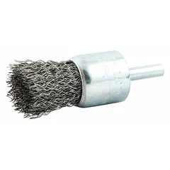 This end brush features crimped steel fill for light cleaning of carbon steel surfaces. With a 1 in diameter, 0.014 in fill diameter, and 1/4 in shank, it is suited for removing rust, scale, and light burrs from corners, grooves, and hard-to-reach areas.