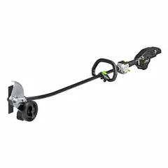 This battery-powered lawn edger features a curved shaft and a brushless motor. It provides a 3-inch cutting depth for trimming and edging tasks along driveways, walkways, and lawn borders. The unit is not capable of interchangeable heads.