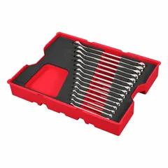 This 15-piece set of metric 12-point combination wrenches covers sizes from 8 mm to 22 mm. Each wrench is constructed from alloy steel with a chrome finish. The set includes a storage tray. Typical applications include tightening and loosening metric fasteners in mechanical assembly and maintenance tasks.