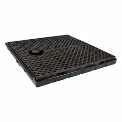 This railroad track pellet pan is constructed of polyethylene for corrosion resistance. It measures 53 1/2 inches by 53 1/2 inches by 6 inches and includes one grate. Used beneath rail tracks to contain spills and debris in industrial rail yards, loading docks, and material handling areas.