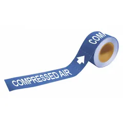 Adhesive pipe marker for identifying compressed air lines. Blue background with white legend and directional arrows. Fits pipe outer diameters of 1-1/2 to 2 inches. Supplied 25 markers per roll for industrial piping systems.