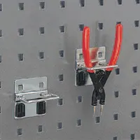Steel tool holder with zinc-plated finish for organizing pliers on square-hole pegboard. Features 10 hooks with 1-1/4 in depth and a locking clip system for secure mounting. Suitable for workshop and garage storage