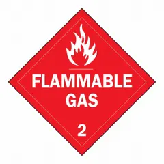 BRADY DOT Container Placard, 10 3/4 in x 10 3/4 in, vinyl, with message 'Flammable Gas 2'. Used for hazard communication on containers holding flammable gases in industrial settings.