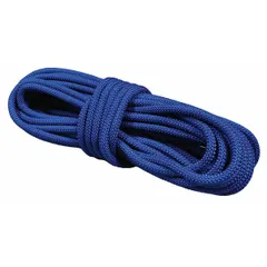 Braided polyester utility rope with UV resistance for outdoor use. 5/8 in diameter, 600 lb working load limit. Suitable for general-purpose tying, securing, and light to medium-duty lifting in industrial and construction settings.