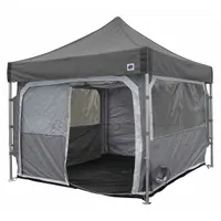 This pop-up temporary shelter is constructed of polyester and includes air filters and a storage bag. It measures 10 ft wide by 10 ft long with an overall height of 11 1/8 ft. Designed for rapid deployment, it is suitable for use as a medical triage or emergency response shelter in outdoor or disaster-relief settings