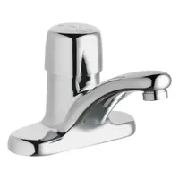 Centerset faucet with cast brass construction and polished chrome finish. Features an arc spout and push-button metering for timed water flow. Includes mounting hardware. Suitable for commercial restrooms requiring water conservation