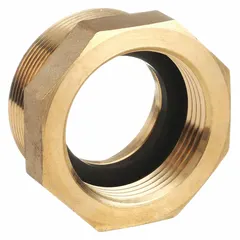 This brass rigid adapter connects fire hoses with NH (national hose) threads to NPT (national pipe taper) fittings. It is used in fire hydrants and standpipes to transition between 2-1/2 in and 3 in pipe sizes, ensuring a secure, leak-resistant connection in fire protection systems.