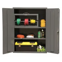 Welded steel cabinet with powder-coated gray finish. Includes two adjustable shelves and a stationary frame. Features a swing handle and keyed lock for secure storage. Panel thickness is 16 ga. Suitable for organizing tools, parts, and equipment in warehouses, factories, and maintenance shops