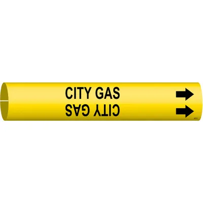 BRADY Pipe Marker: City Gas, Yellow, Black, Fits 1 1/2 to 2 3/8 in Pipe O.D. - City Gas Snap-On Pipe Markers