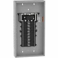 125A main breaker load center for 1-phase, 120/240V AC systems with a 22kA short-circuit current rating. Provides 32 spaces for branch circuits and supports up to 6 tandem breakers. Designed for indoor use with a convertible, plug-on neutral configuration. Enclosure cover ordered separately