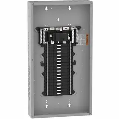 125A main breaker load center for 1-phase, 120/240V AC systems with a 22kA short-circuit current rating. Provides 32 spaces for branch circuits and supports up to 6 tandem breakers. Designed for indoor use with a convertible, plug-on neutral configuration. Enclosure cover ordered separately.