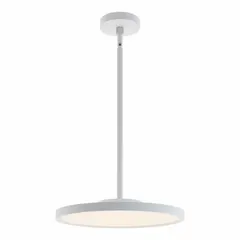 Decorative pendant light with a 15-5/8 in diameter and 1 in height. White finish, 2525 lumen output, selectable color temperatures: 2700K, 3000K, 3500K, 4000K, 5000K. Suitable for ambient lighting in commercial or residential spaces such as offices, lobbies, or retail areas.