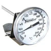 Clip-on dial thermometer for temperature monitoring in industrial vats and pans. Features an 8-inch stem, +/- 1% accuracy, and Celsius scale from 0°C to 250°C. Suitable for batch processes requiring quick temperature checks