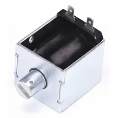 AC box frame pull solenoid with 240V AC coil voltage, continuous duty cycle, and stroke range of 0 to 1 in. Provides pull force from 16.0 to 88.0 oz. Dimensions: 1 47/100 in deep, 1 61/100 in long, 1 31/100 in wide. Used for latching, locking, or actuating mechanisms in industrial automation and control systems.