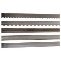 Scalloped-edge band saw blade for cutting soft materials such as foam, fresh meat, paper, rubber, and vegetables. Features 7 teeth per inch for clean, low-friction cuts. Total length 10 ft 6 in.