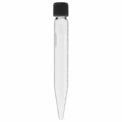 Colorless glass centrifuge tube with a conical bottom for efficient pellet collection. Graduated for volume measurement and includes a closure to prevent spillage. Suitable for general laboratory centrifugation processes.