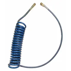 Coiled air brake assembly for emergency and service applications on heavy-duty trucks and trailers. Blue color, 1/2 in outer diameter, 15 ft length. Provides flexible connection between tractor and trailer for reliable air supply to braking systems.