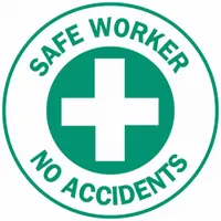 Non-reflective circle label with English text 'Safe Worker No Accidents'. Diameter 2 in. Pack of 4 labels. Applied to hard hats for safety identification in industrial environments