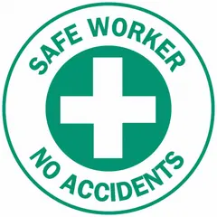 Non-reflective circle label with English text 'Safe Worker No Accidents'. Diameter 2 in. Pack of 4 labels. Applied to hard hats for safety identification in industrial environments.