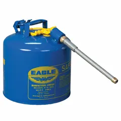 This 5-gallon kerosene safety can is designed for dispensing kerosene in industrial environments. It includes a 5/8 in OD hose and is colored blue. Typical applications include controlled fuel transfer for maintenance, HVAC, and combustion equipment.