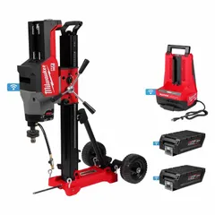 This cordless core drill kit includes a mechanical drive and brushless motor, operating on 72V DC. It comes with two 12.0 Ah batteries, a charger, and a stand. Designed for coring large-diameter holes in concrete and masonry up to 14 inches, it is suitable for construction, plumbing, and electrical installations.