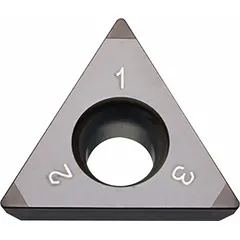 This triangle-shaped indexable turning insert is made of grade CBN (cubic boron nitride). It is used for hard turning and finishing operations on hardened steels and cast irons in precision machining applications.