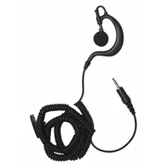 This listen-only earpiece features a clear ear hook design for secure placement and a 3.5 mm standard connector. It is intended for private audio monitoring in two-way radio communication, allowing the user to hear incoming transmissions without speaking. No push-to-talk functionality is included.