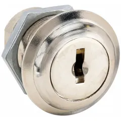 Keyed cam lock with master keying capability, constructed from zinc die-cast with a nickel finish. Operates via quarter-turn clockwise unlock. Suitable for securing cabinets, panels, and enclosures in industrial and commercial settings.