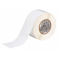 Continuous thermal transfer label roll made of white gloss polyester, 3 inches wide by 300 feet long. Halogen-free material rated for outdoor use. Compatible with BBP81 printer series. Suitable for asset identification, equipment labeling, and safety signage in industrial environments.