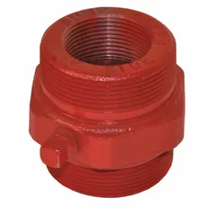 Cast-iron bung adapter for connecting pumps or hoses to drum or tank bung openings. Fits 2-inch and 1-1/4-inch bung sizes. Compatible with FR700 series and model FR311VEL. Suitable for fluid transfer of fuels, oils, and non-corrosive liquids in industrial and agricultural applications.