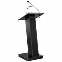 This black laminate sound lectern includes a clip-on microphone and a mounted gooseneck microphone. It features a document rail for holding papers. Suitable for public speaking, presentations, and lectures in conference rooms, classrooms, and similar settings