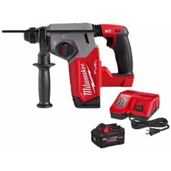 Cordless rotary hammer with pistol-grip design, operating on 18V DC. Features SDS-Plus chuck, hammer and rotate mode, and impact rate of 0-4,800 bpm. Drilling capacity up to 2-1/2 inches in concrete, masonry, and stone. Kit includes one 8.0 Ah battery and one charger.